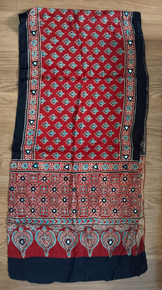 Handcrafted Ajrakh Modal Silk Stole with Shisha Mirror Work - Red