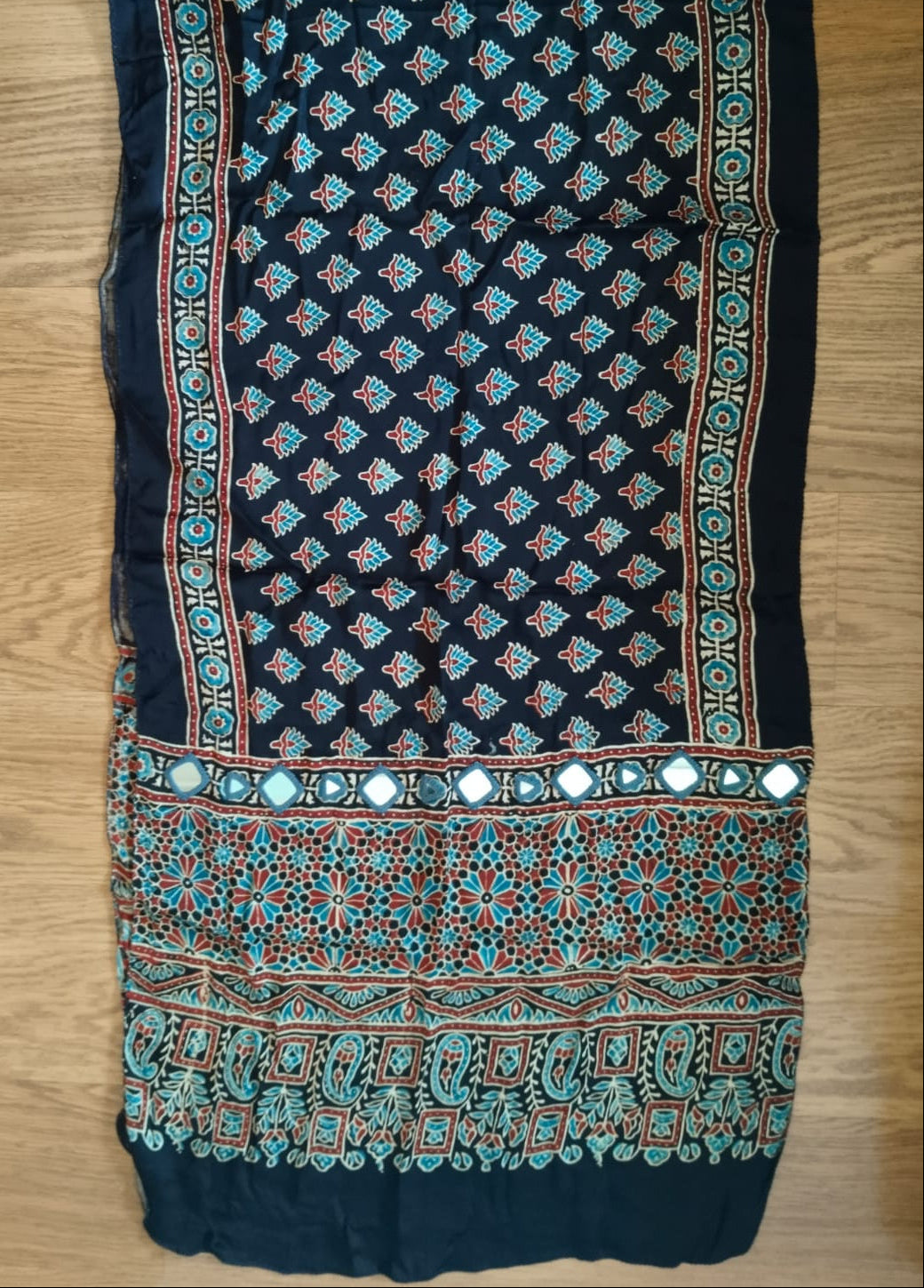 Hand block printed Navy Blue Hand Mirror Work Ajrakh Modal Silk Stole