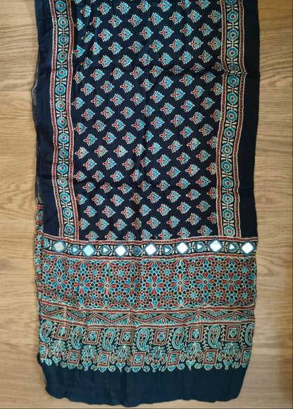 Hand block printed Navy Blue Hand Mirror Work Ajrakh Modal Silk Stole