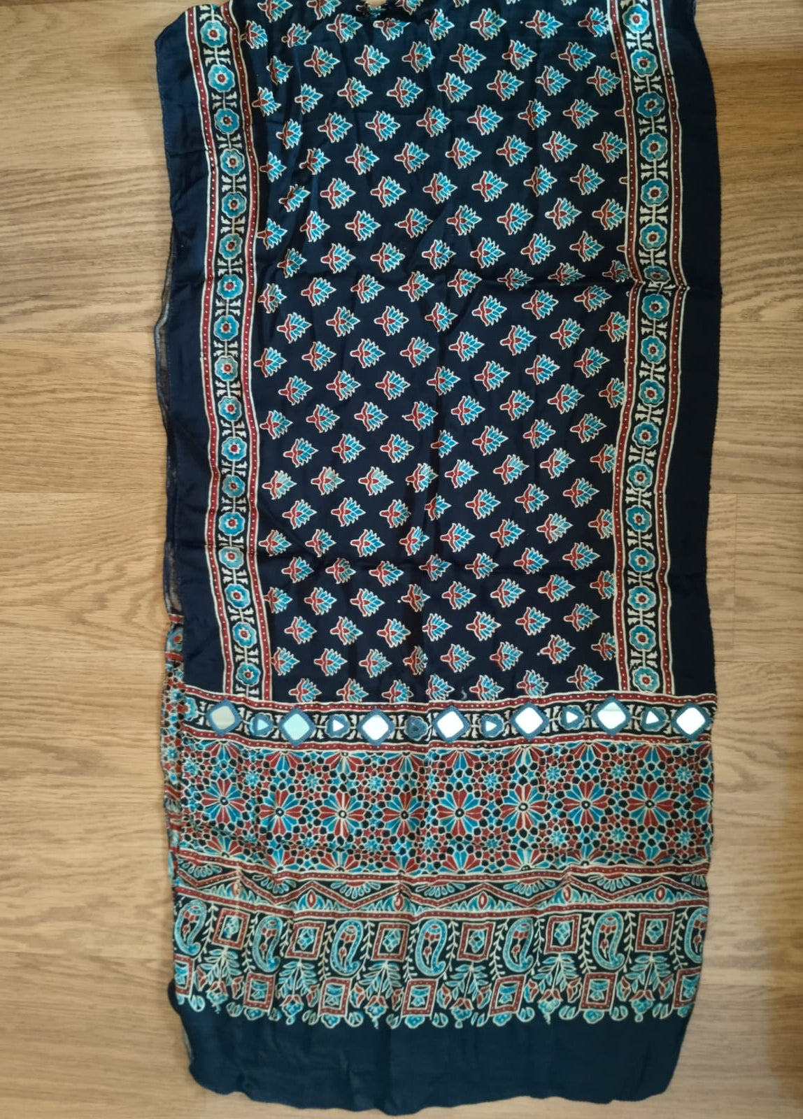 Navy Blue Hand Mirror Work Ajrakh Modal Silk Stole | Floral & Paisley Traditional Stole