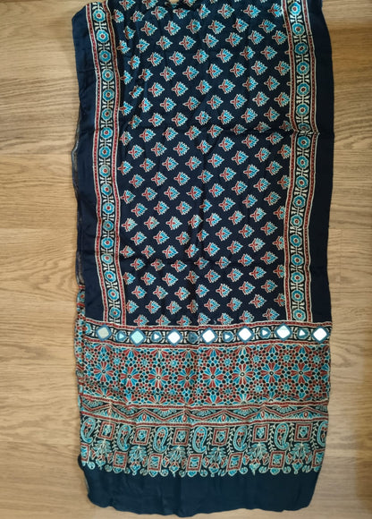 Navy Blue Hand Mirror Work Ajrakh Modal Silk Stole | Floral & Paisley Traditional Stole