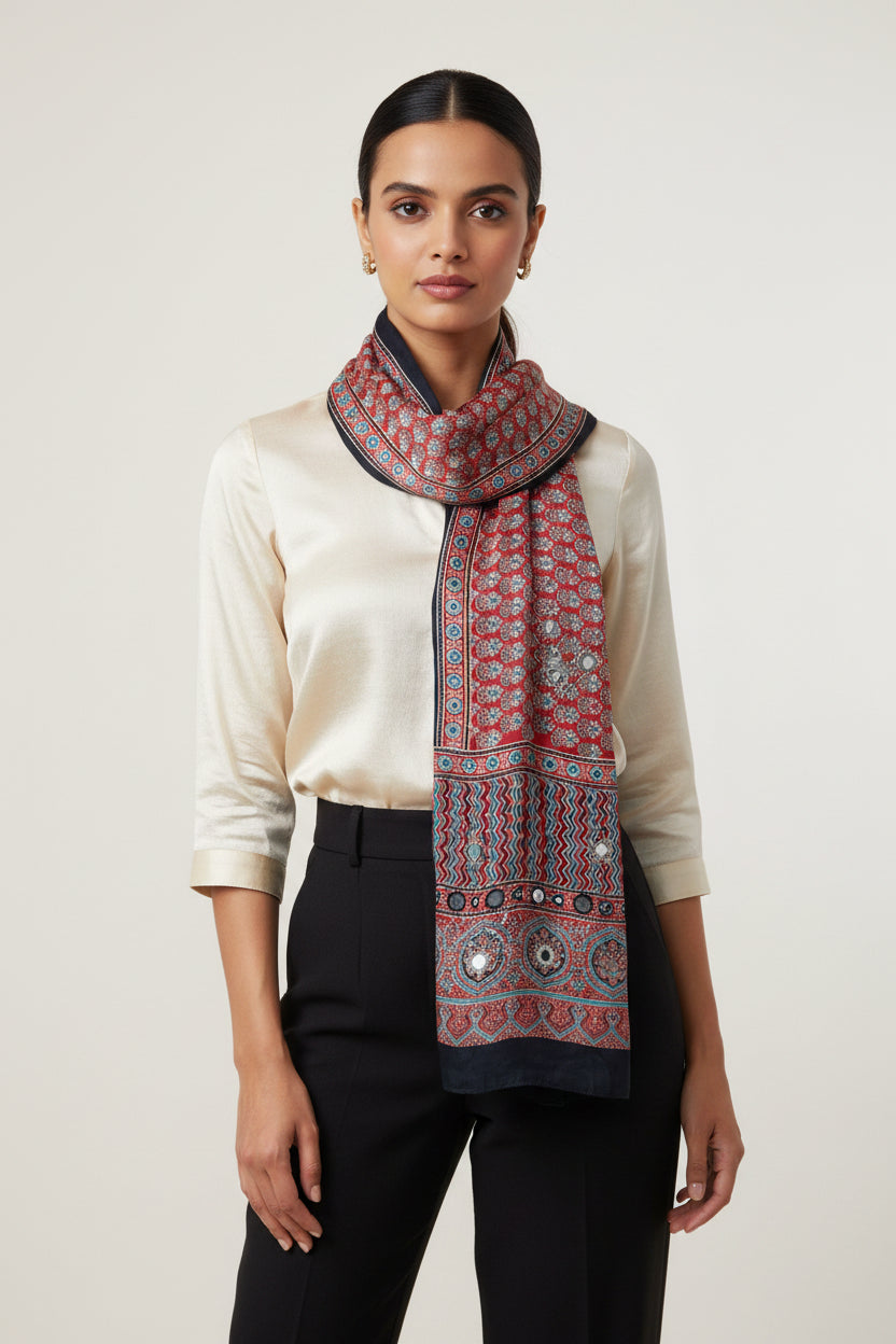 Red & Navy Blue Hand Mirror Work Ajrakh Modal Silk Stole | Zigzag Pattern