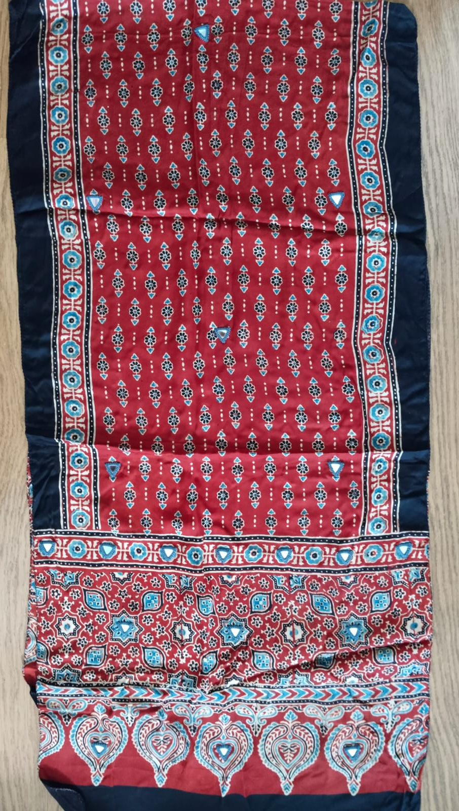Red Hand Mirror Work Ajrakh Modal Silk Stole | Paisley & Geometric Traditional Stole
