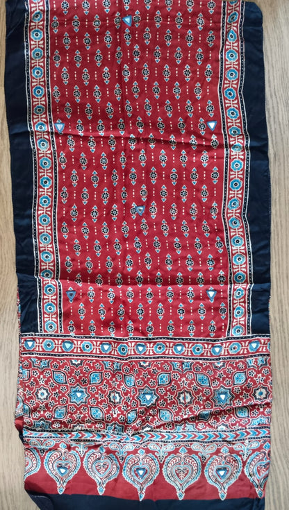 Red Hand Mirror Work Ajrakh Modal Silk Stole | Paisley & Geometric Traditional Stole
