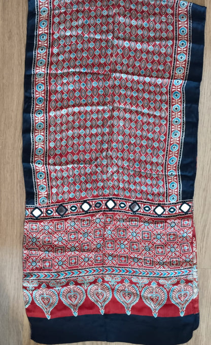 Red Hand Mirror Work Ajrakh Modal Silk Stole | Geometric & Paisley Traditional Dupatta