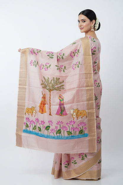 Pista Green Tassar Silk Pichwai Saree - Ragini Garden Theme