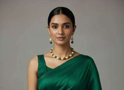Stone Beads Necklace with Earrings - Light Yellow