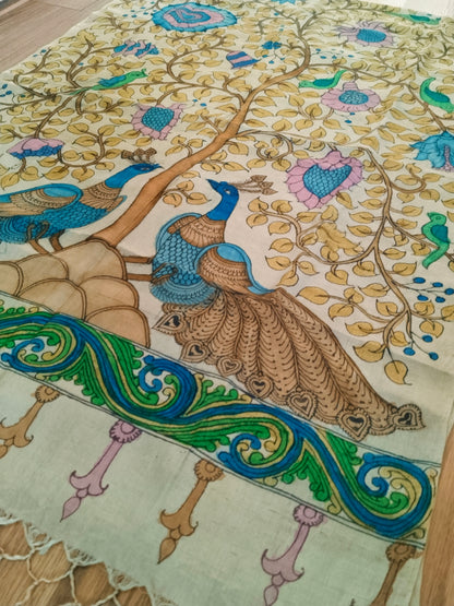 Kalamkari Hand Painted Tassar Silk Dupatta/Stole - Tree of Life -  Indian Art Heritage Product