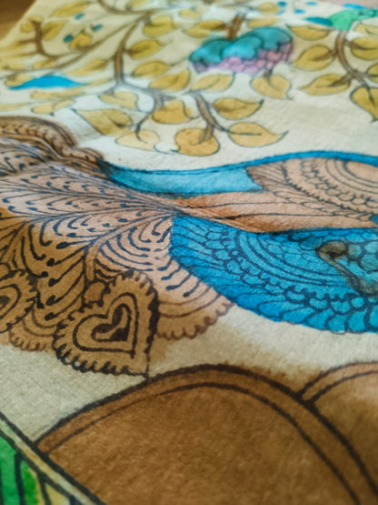 Kalamkari Hand Painted Tassar Silk Dupatta/Stole - Tree of Life -  Indian Art Heritage Product