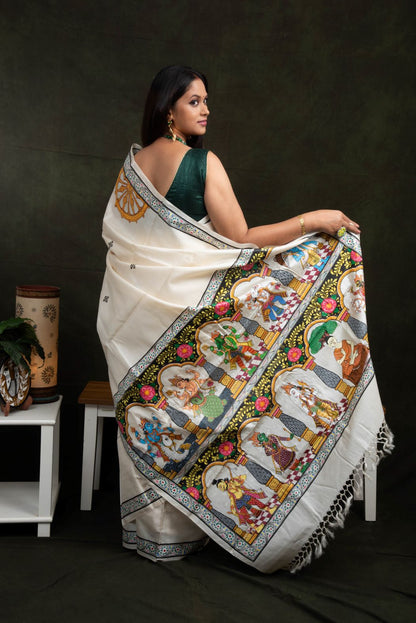 Advaita Handicrafts hand painted Patachitra saree - Vishnu Dashavtaar in tassar silk.