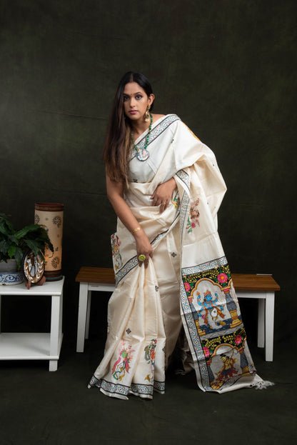 Advaita Handicrafts hand painted Patachitra saree - Vishnu Dashavtaar in tassar silk.