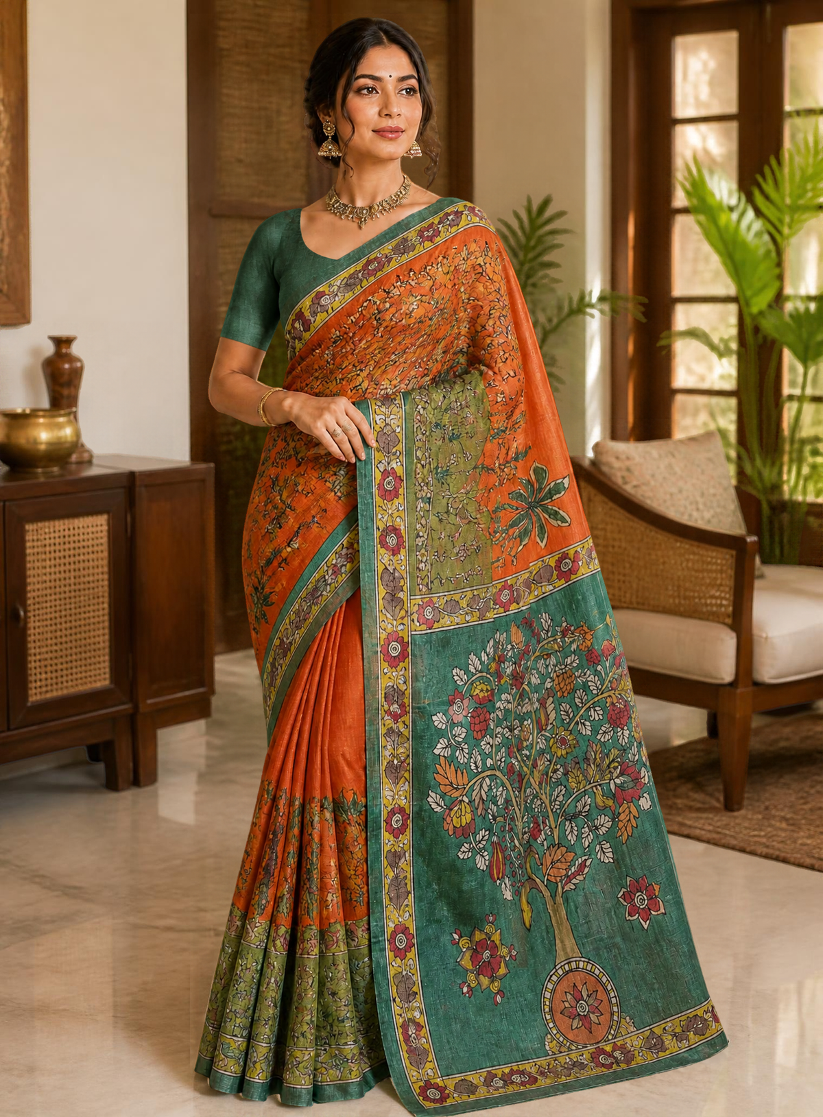 Hand-painted Kalamkari Saree in Tassar silk - Tree of Life