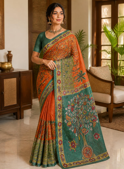 Hand-painted Kalamkari Saree in Tassar silk - Tree of Life