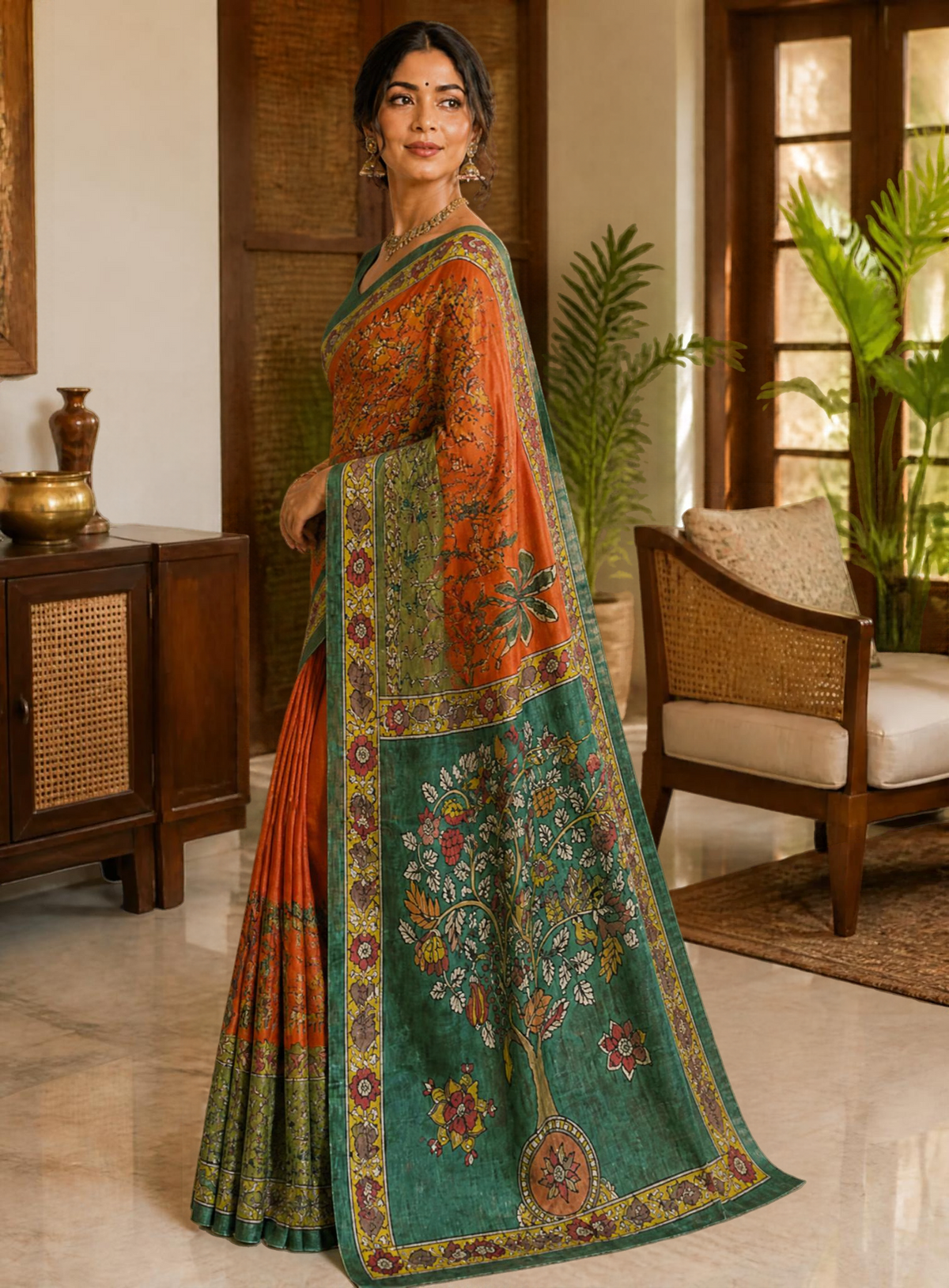 Hand-painted Kalamkari Saree in Tassar silk - Tree of Life