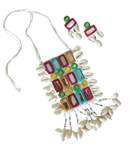 Advaita Handicrafts- Long White & Multi-Color Navratri Necklace with Earrings