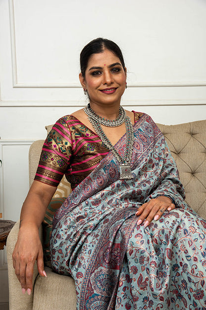 Handwoven Kani saree in cotton silk - Grey