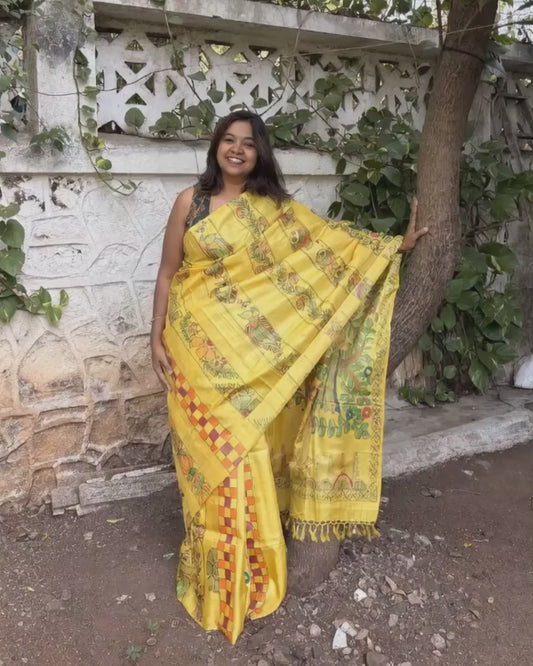 Hand-Painted Madhubani Yellow Tassar Silk Saree - Elepant & Tree Of Life
