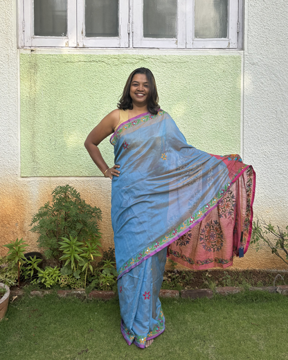 Kutchi Mirror Embroidery Tissue Handloom Upada Saree – Coral Pink & Sky Blue