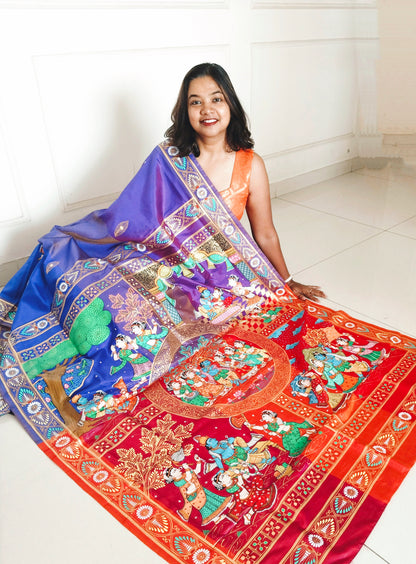 Pure Silk 3D Katan Hand-painted Patachitra Saree - Krishna Seasons