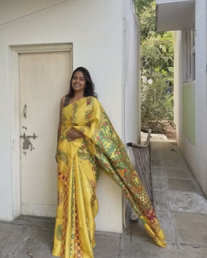 Hand-Painted Madhubani Yellow Tassar Silk Saree - Elepant & Tree Of Life