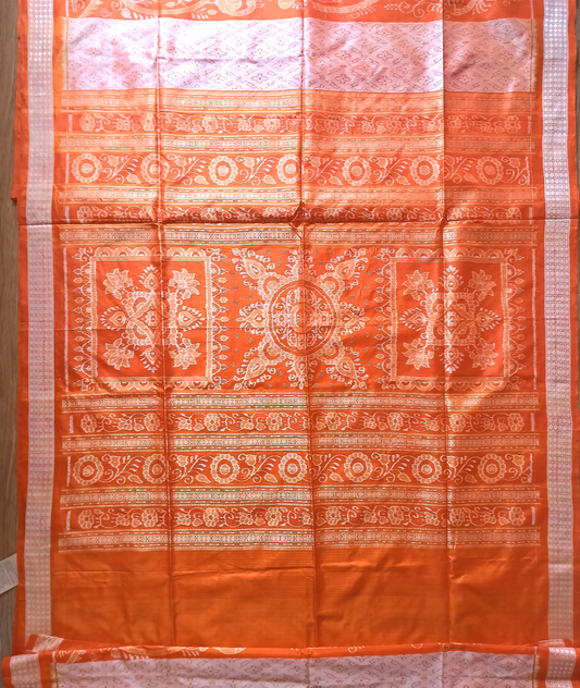 BARGARH MULBERRY IKKAT SILK SAREE - Orange and peach.