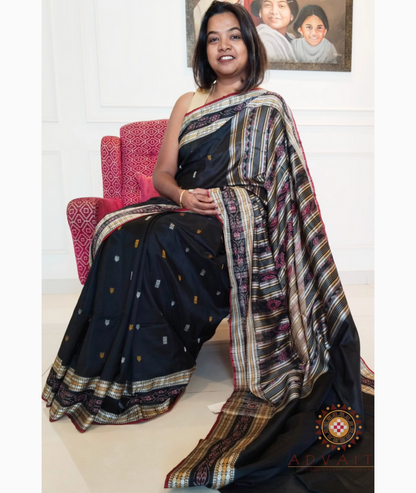 Bomkai Mulberry Silk Saree - Black.