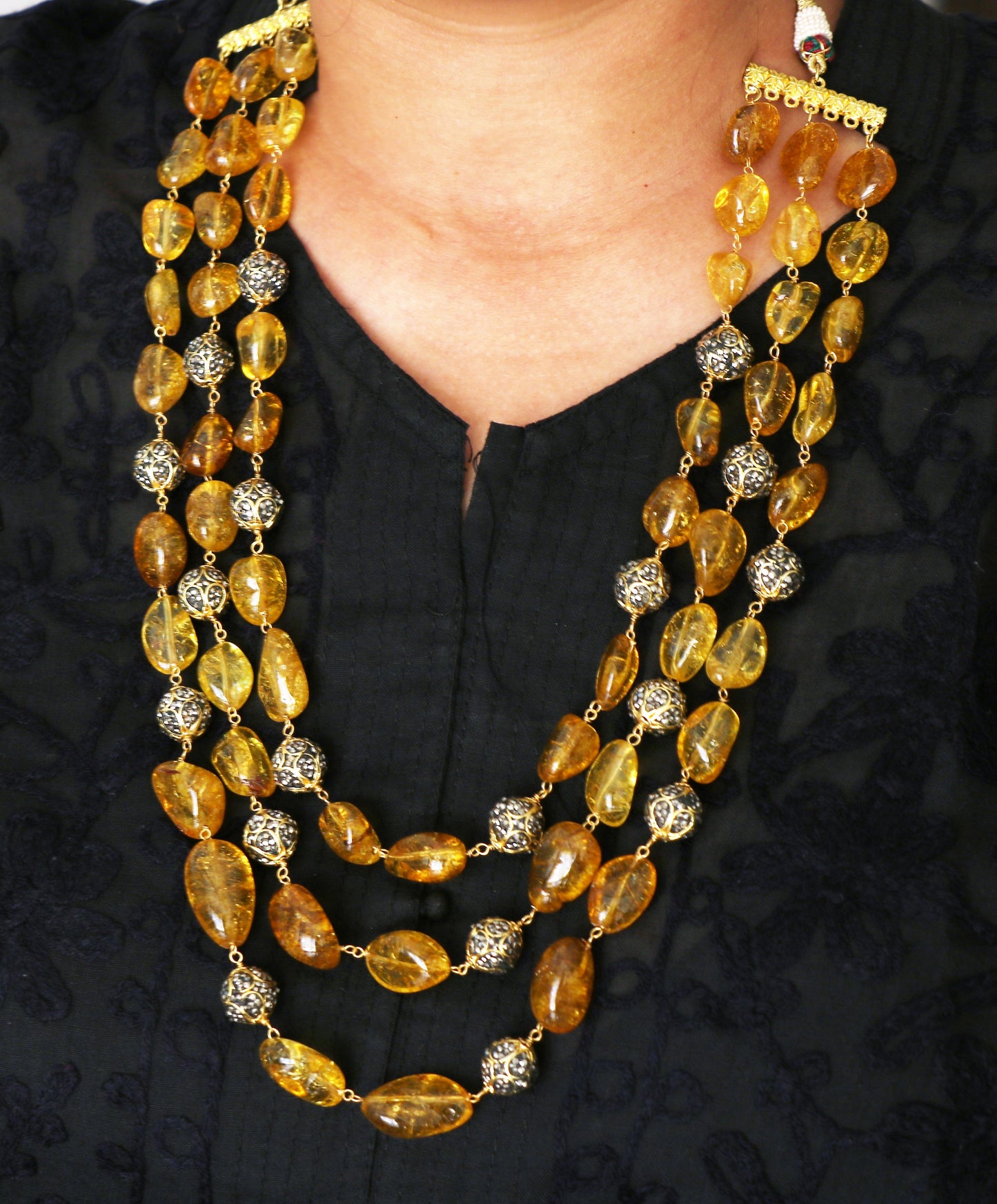 Advaita Handicrafts tourmaline tumbles and anitque cum CZ bead necklaces.