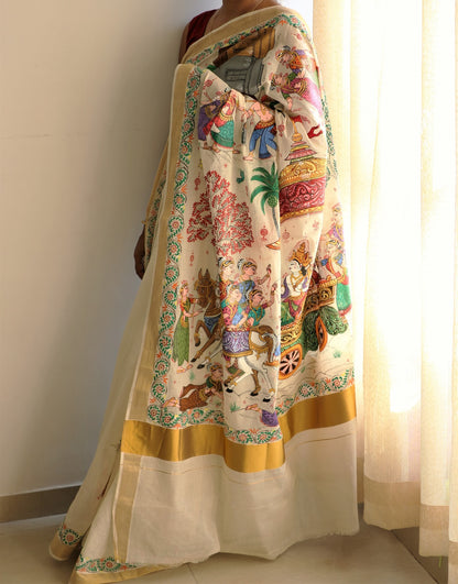 Advaita Handicrafts hand painted Patachitra saree - Krishna Mathura Gaman