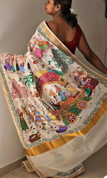 Advaita Handicrafts hand painted Patachitra saree - Krishna Mathura Gaman