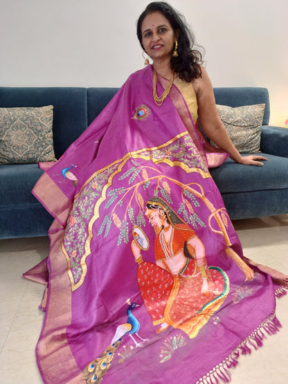 Handpainted Ragini Shringar Raas Pichwai saree in pure tassar