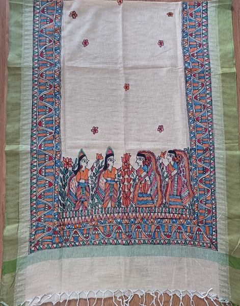 Advaita Handicrafts Handpainted Patachitra dupatta cum stole/shawl - Dancing Girls and Shringar raas