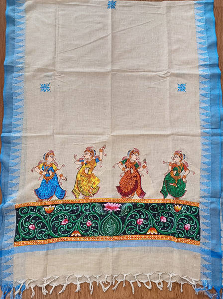 Advaita Handicrafts Handpainted Patachitra dupatta cum stole/shawl - Dancing Girls and Shringar raas