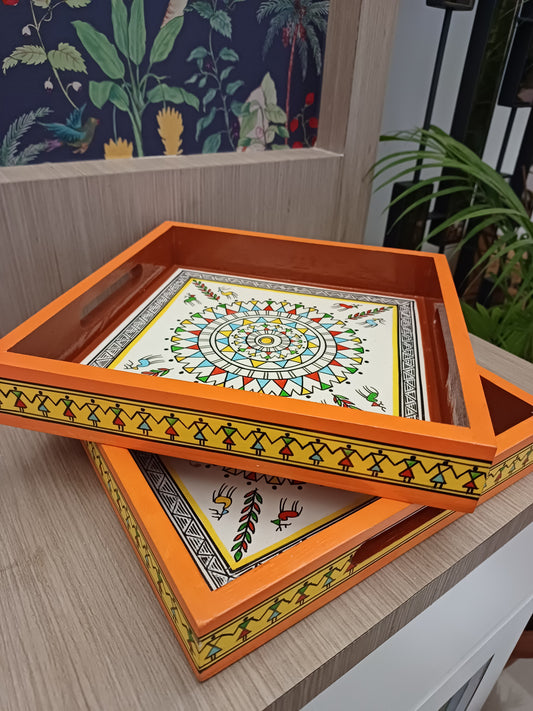 Hand Painted Orange Tribal Tray