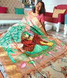 Handpainted Sharad Ritu Radha Krishna Pichwai saree in pure tassar - Yellow/Peach