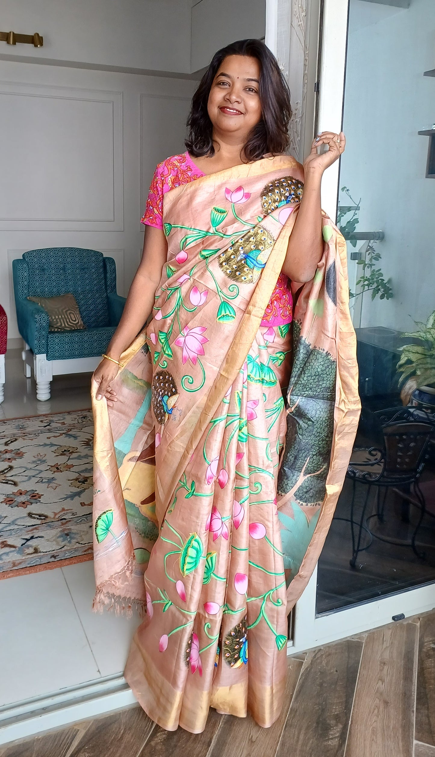 Handpainted Sharad Ritu Radha Krishna Pichwai saree in pure tassar - Yellow/Peach