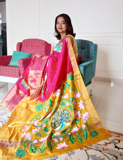 Pink Silk Peacock Saree