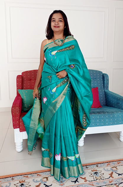 Handpainted Ragini Shringar Raas Pichwai saree in pure tassar