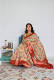 Advaita Handicrafts Designer Kani silk saree - Grey & Zari work/ Midnight Blue/ Cream
