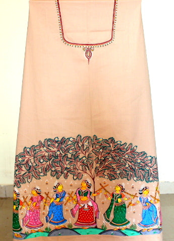 Patachitra hand painted kurta material - Krishna Raasleela/ Gopis dance