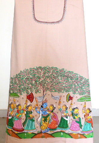 Patachitra hand painted kurta material - Krishna Raasleela/ Gopis dance