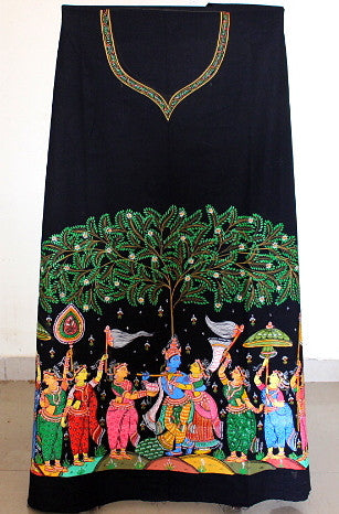 Patachitra hand painted kurta material - Krishna Raasleela/ Gopis dance