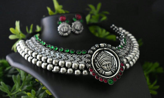 Advaita Handicrafts german silver heavy choker - Temple Jewelery