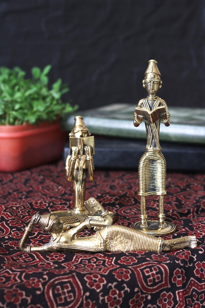 Decorative Brass Figurine statues - Set of 3 Reading ladies/ Dhokra Craft