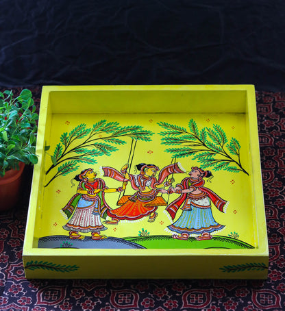 Hand Painted Wood Serving Tray in Pattachitra folk art - Colours -Yellow, Orange & Blue.