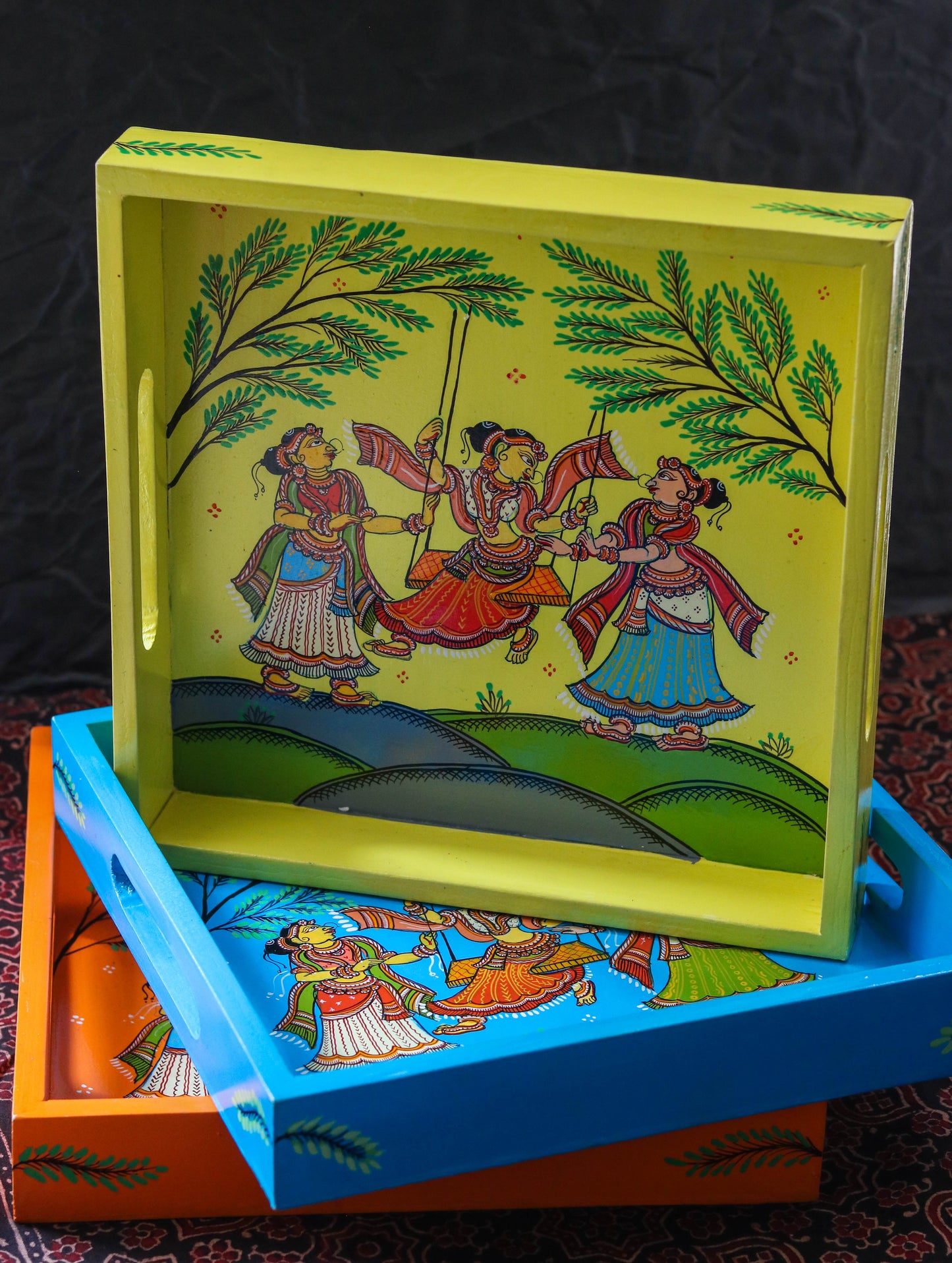 Hand Painted Wood Serving Tray in Pattachitra folk art - Colours -Yellow, Orange & Blue.