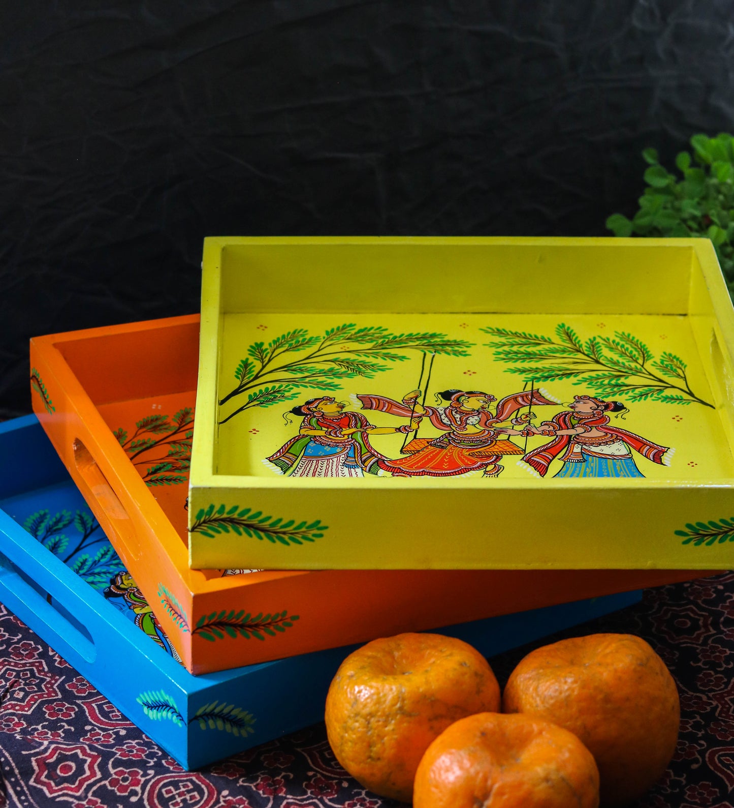 Hand Painted Wood Serving Tray in Pattachitra folk art - Colours -Yellow, Orange & Blue.