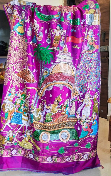 Pure Handspun Silk – Hand Painted Patachitra Saree – Raja Rani theme