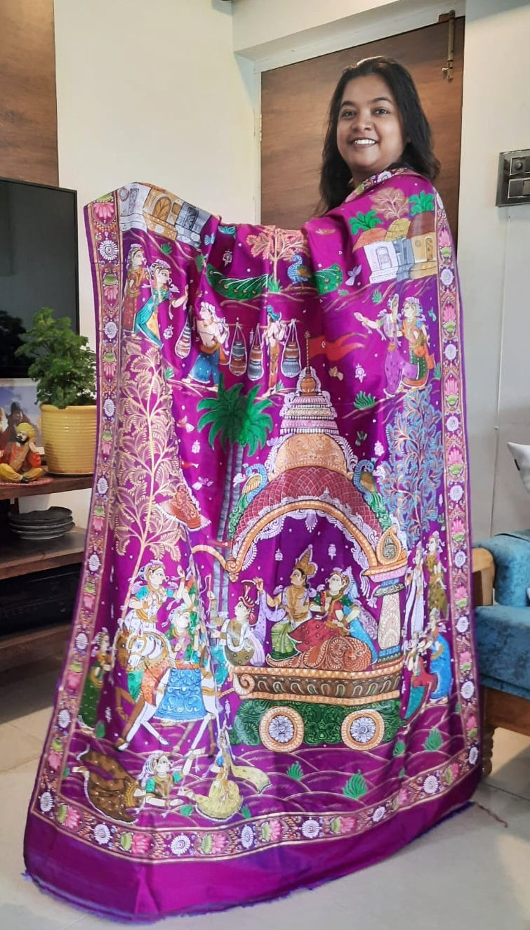 Pure Handspun Silk – Hand Painted Patachitra Saree – Raja Rani theme