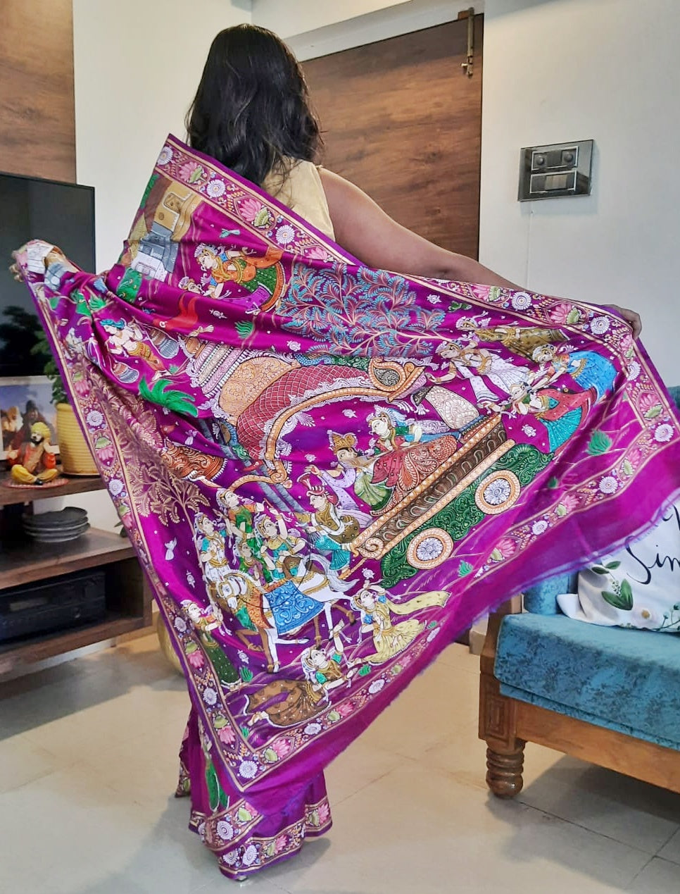 Pure Handspun Silk – Hand Painted Patachitra Saree – Raja Rani theme