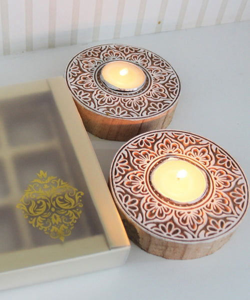 Wooden carved Tea lights - Set of 2